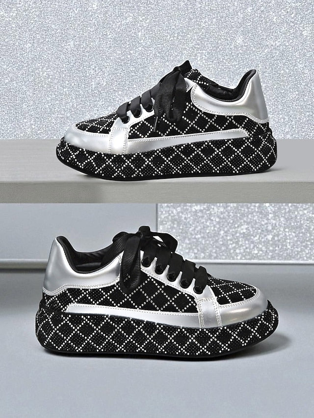 Quilted and Rhinestone Black Sneakers - Women's Silver
