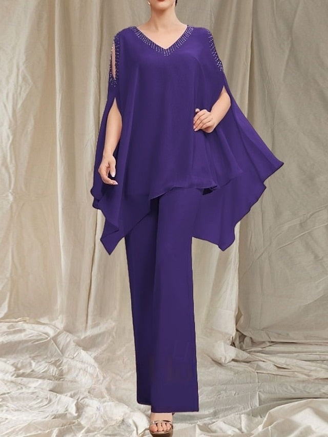 Elegant Dress the Pantsuit V Mother of Guest Bride Wedding Neck
