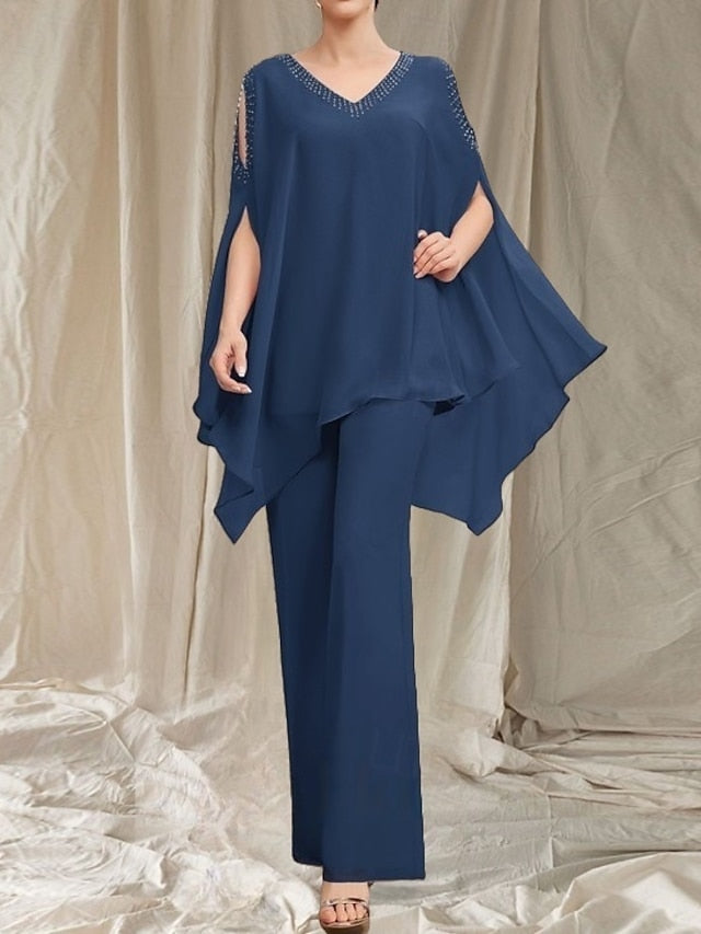 Elegant Dress the Pantsuit V Mother of Guest Bride Wedding Neck