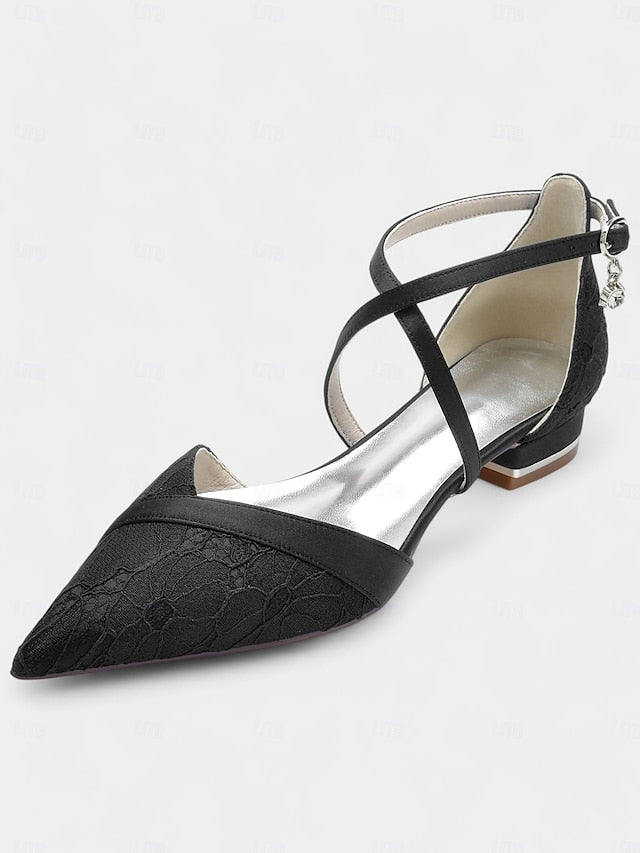 Heel Shoes Cross-Strap Overlay Navy Low with for Lace Satin Blue
