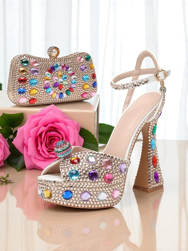 Heel Women's High with Rhinestone Platform Matching Sandals