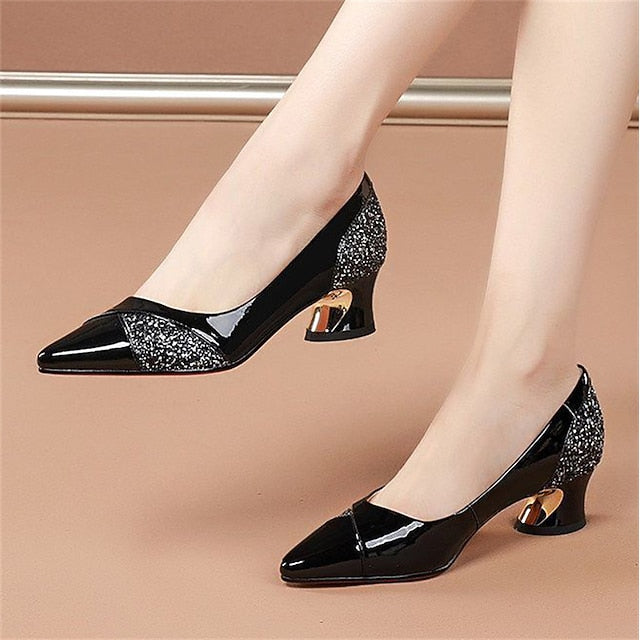 Patent Women's Heels Block Leather Faux Glitter-Accented