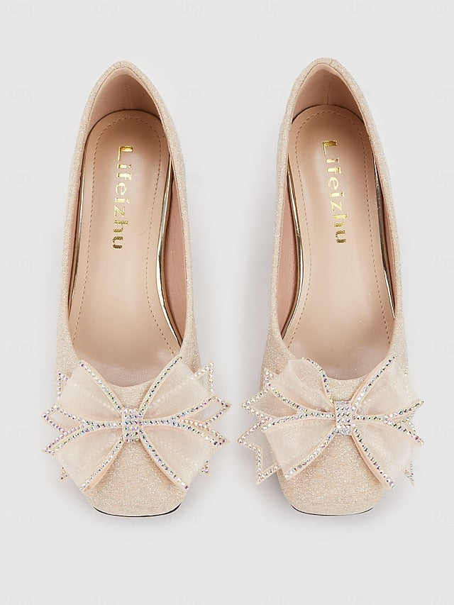 with Heel Pumps Bow - Gold Block Decoration Women's Glitter