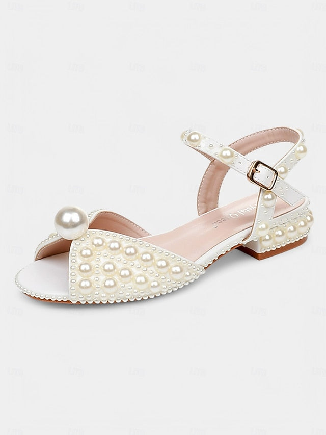 – Heel Women's Sandals Low White Pearl-Embellished