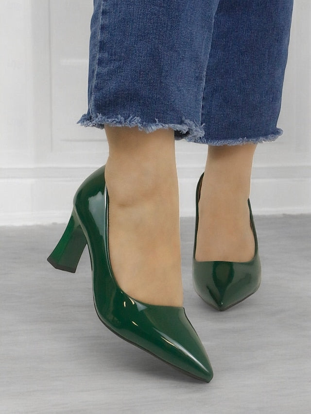 Pumps Patent Faux Pointed-Toe Heel Glossy Leather Green Block