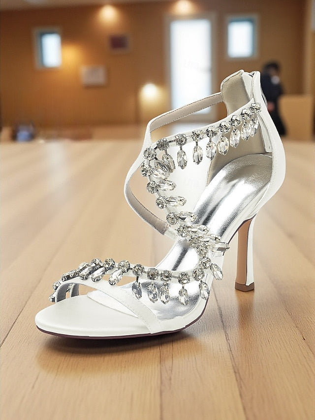 High Women's with Strappy Sandals Rhinestone White Heel