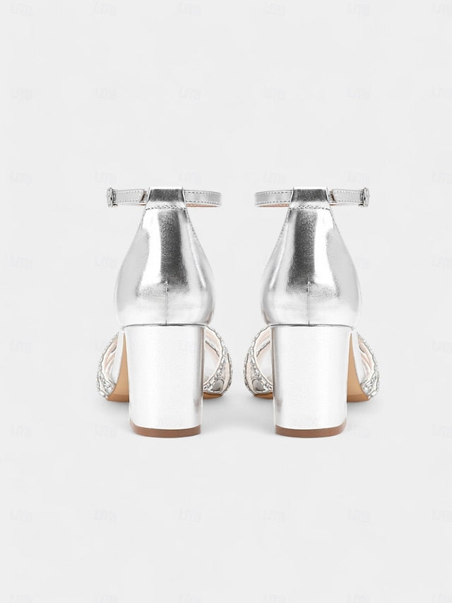 Metallic Rhinestone Block Strappy with Heel Silver Sandals