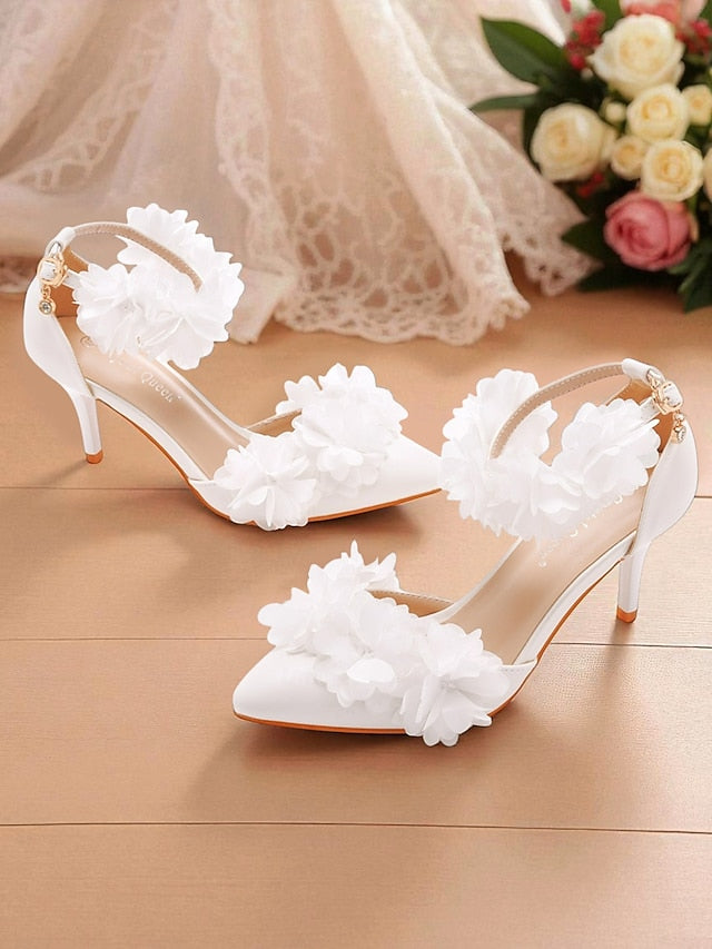 Floral Pointed Women's Strap Elegant Heels - White Ankle