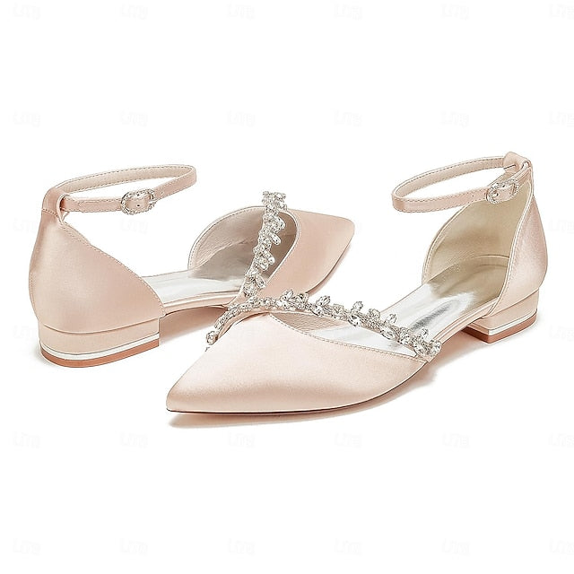 Women's Wedding Satin Elegant Flats Toe Pointed – White