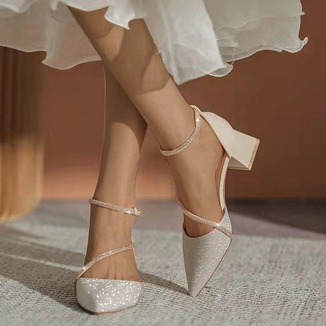 with Ankle Glitter Toe Pointed Mesh Women's Block Heels