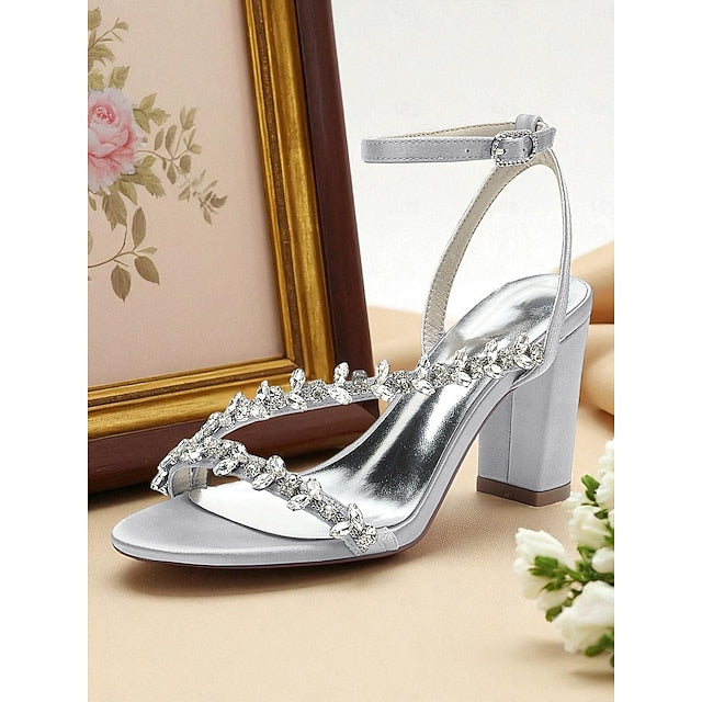 - Rhinestone Heel Block Sandals Women's Straps White with