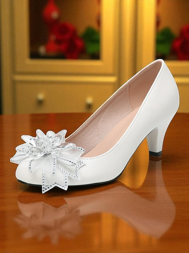 White Shoes Low Women's Wedding with Crystal Bow Heel