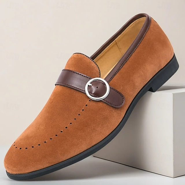 Men's Suede Brown Slip-On with Buckle Faux Strap Loafers