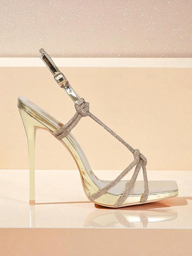 with Toe Women's Square Rhinestone Strappy Heels Stiletto