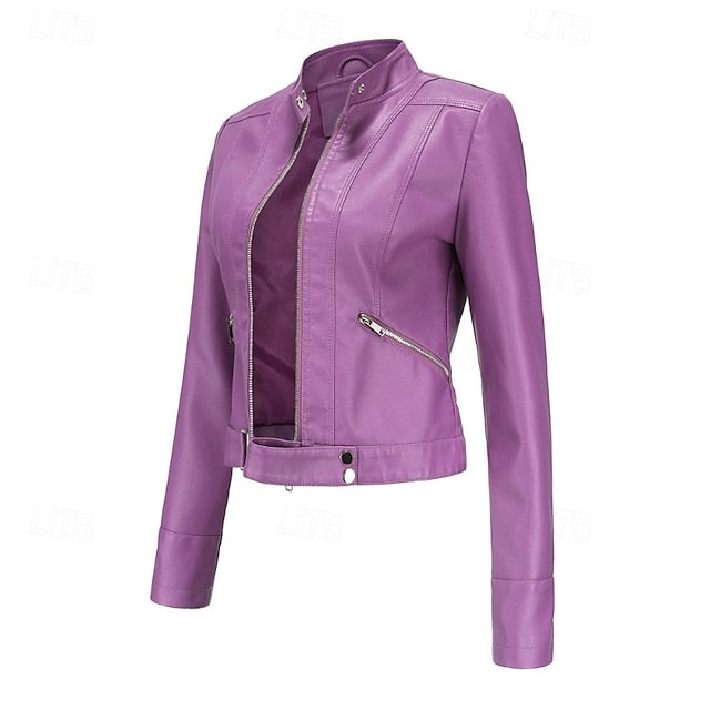 Faux Comfortable Pocket Women's Leather Jacket Zipper