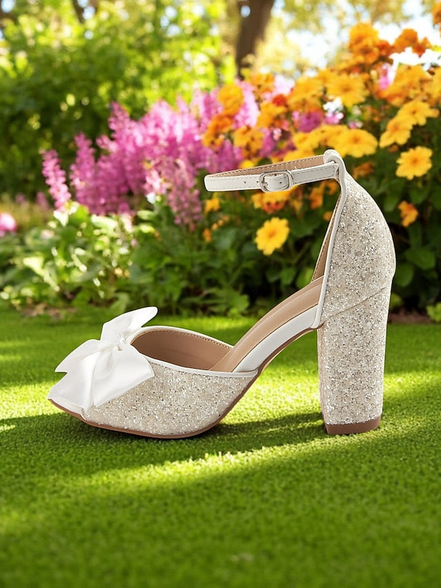 White Block Ankle Heel Sandals Glitter Women's Wedding with