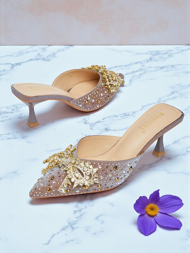 Slip-On Pointed Rhinestone Mules - Glitter Toe Women's