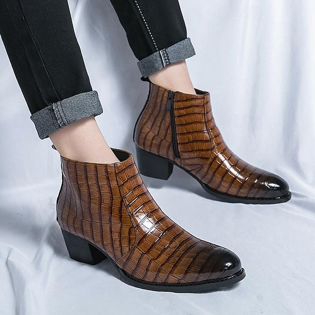 Crocodile Brown Ankle Pattern Men's Boots Leather Faux -