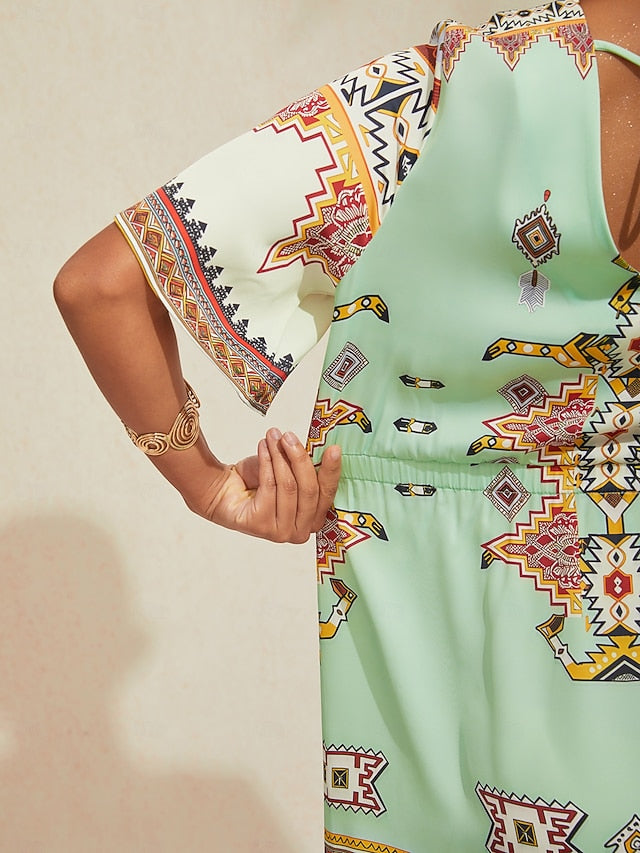 Vacation Vintage Ethnic Geometric Pattern Satin Midi Dress