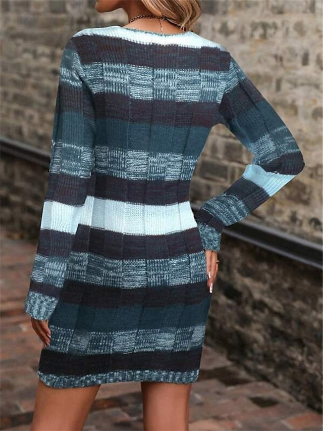Women's Sweater Sweater Dress Casual Soft Striped Ribbed V