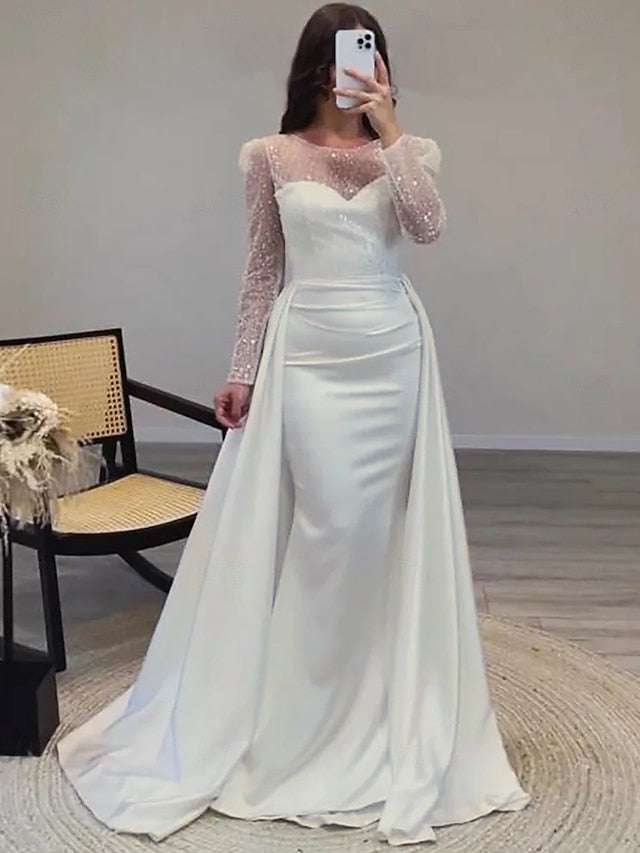 Evening Long Dress Gown Mermaid RuchedSatin Sleeves Sequin