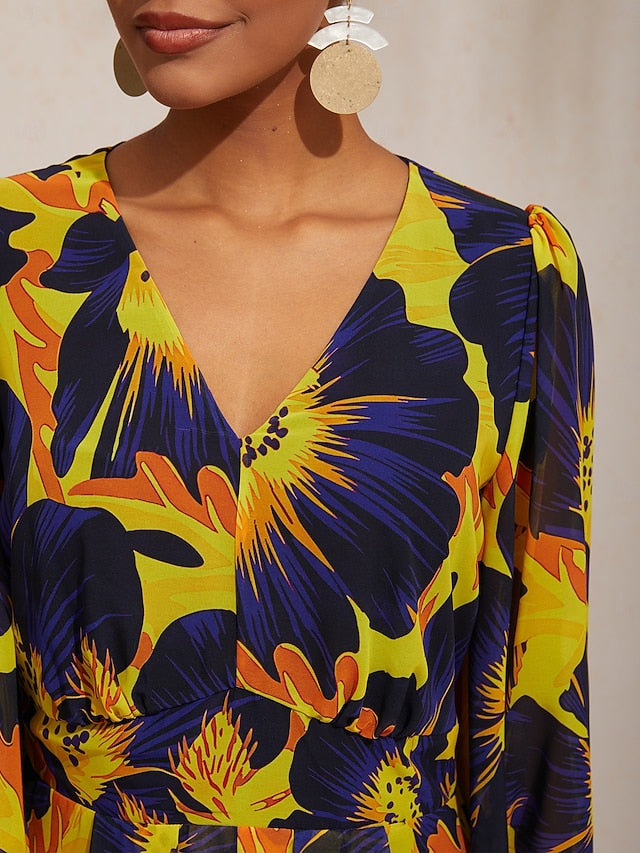 Vacation Abstract Floral Print Waist-defined Chiffon Maxi Dress