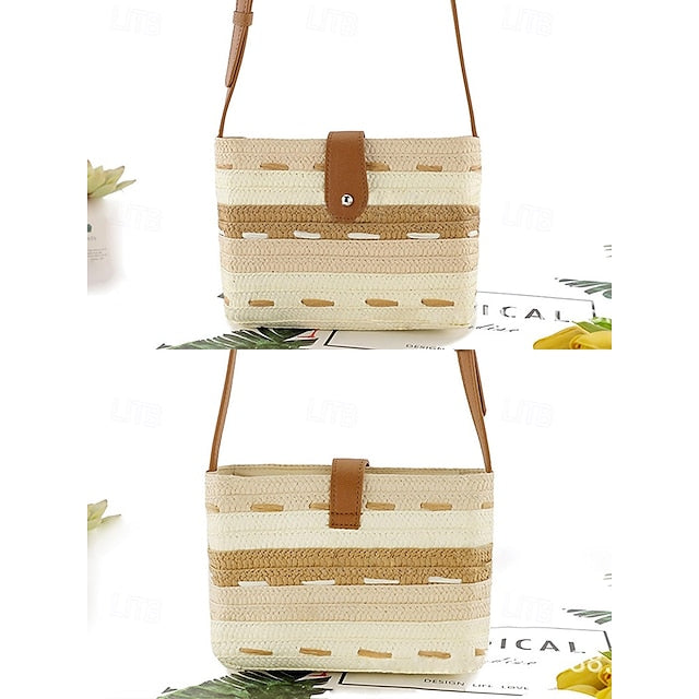 Gestreift mit Tasche Colorblock Damen Stroh gewebt braun Tote