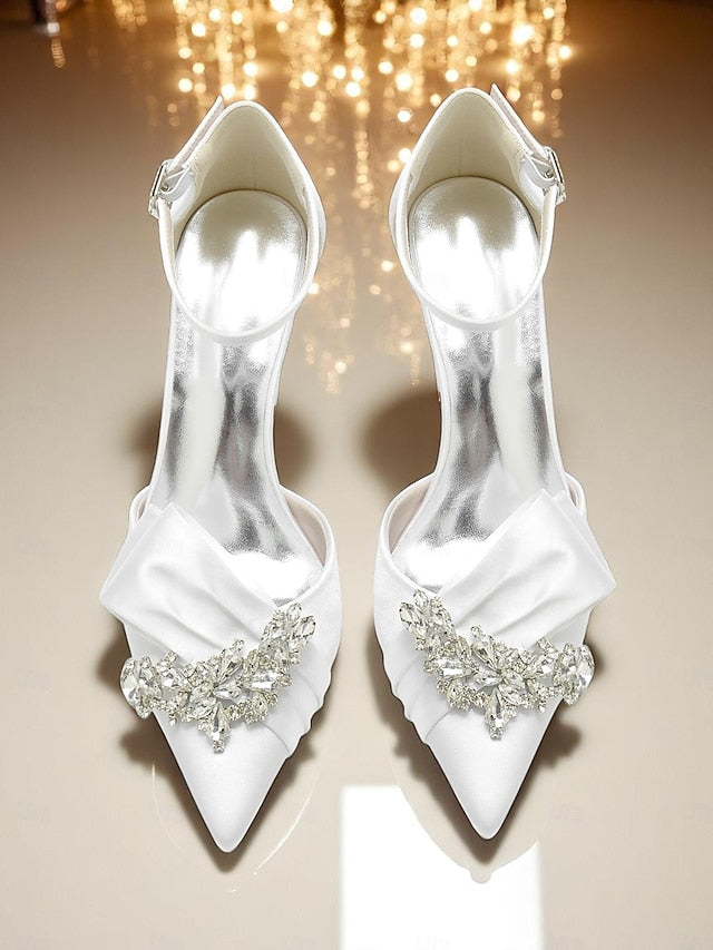 Heel Women's Block Bow Satin Pumps and with Crystal