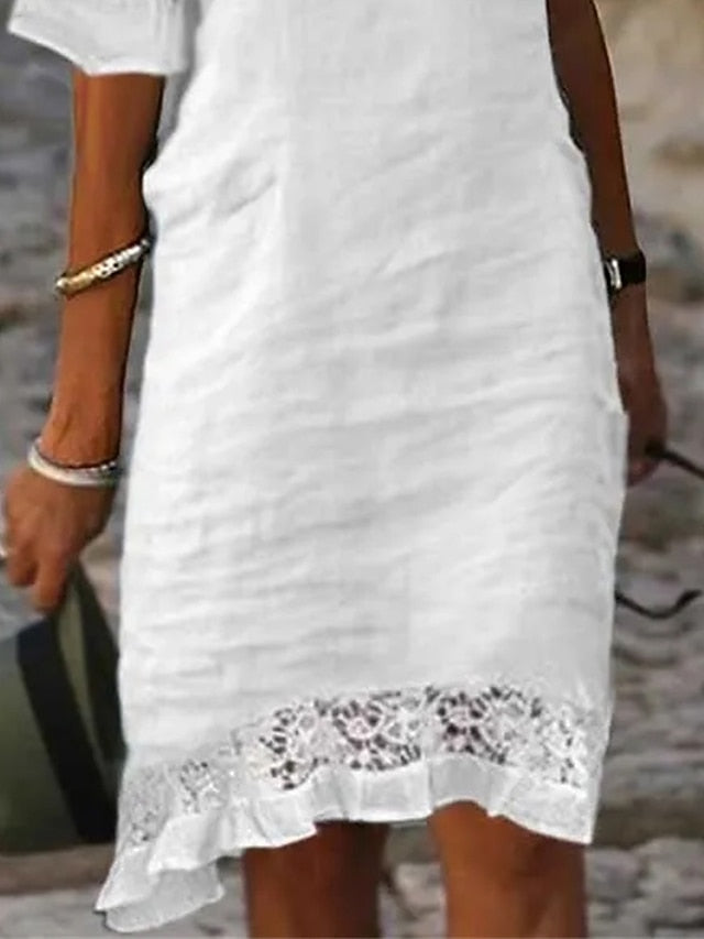 Women's White Summer Spring Midi Dress 100% Cotton Casual