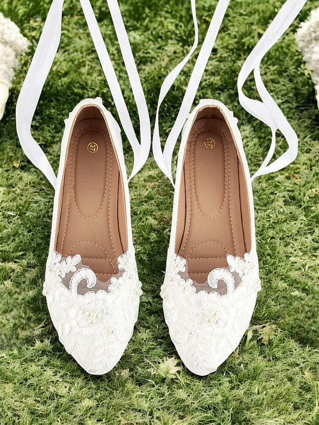 - Wedding Ties Lace White with Bridal Shoes Ribbon Elegant Flats