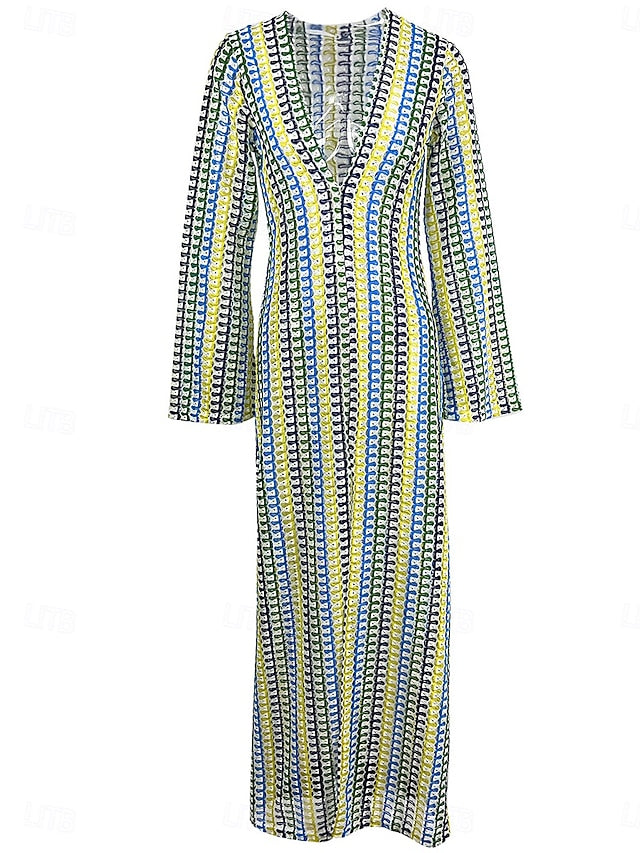 Women's Color Block V Neck Maxi Dress Short Sleeve Spring