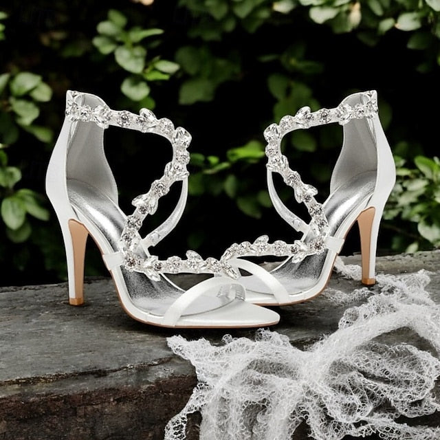 Floral Pink Sandals with High Heel Rhinestone Women's Satin