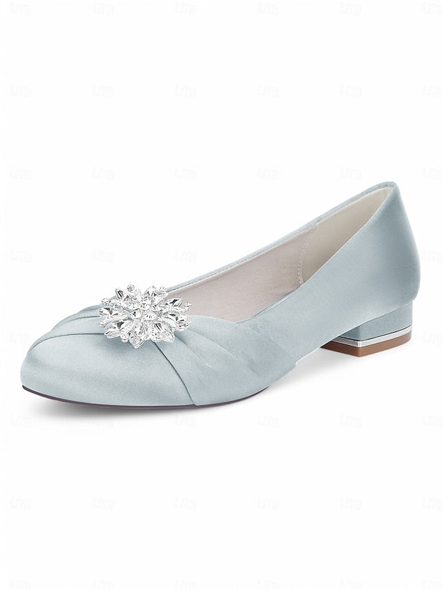 Elegant Crystal Flats White Satin – Wedding Women's