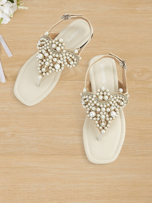 Sandals Pearl-Embellished Women's Elegant – T-Strap Flat