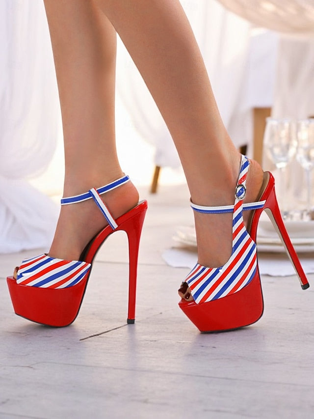 White Platform Red and Striped Blue Stiletto Heels Women's