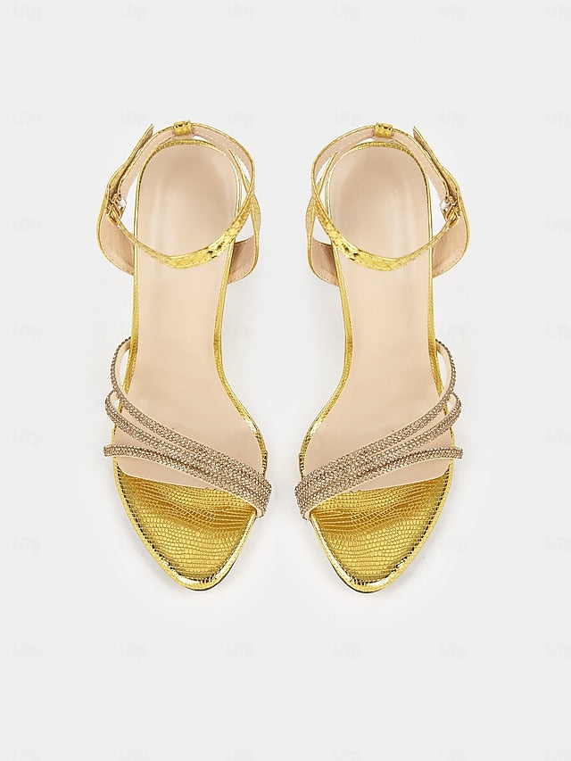 Women Sandals Rhinestone-Embellished Gold Stiletto for Open-Toe