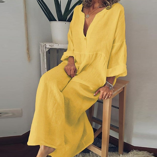 Women's Black White Yellow Spring Fall Winter Maxi Dress