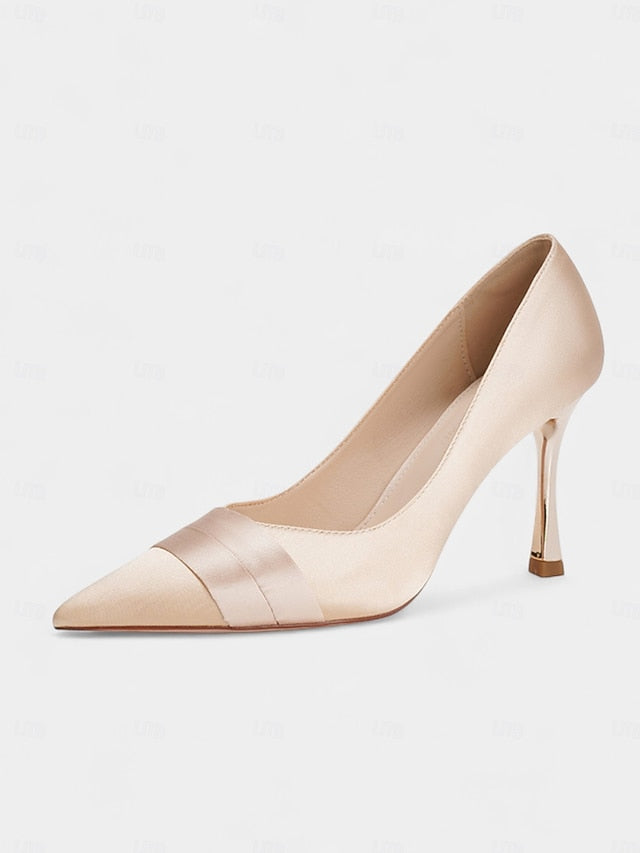 Women's Toe Pumps Dress Pointed Heel Satin - High Champagne