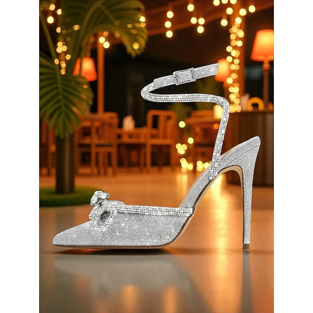 and Heels Rhinestone Bow Stiletto with Satin Women's Black