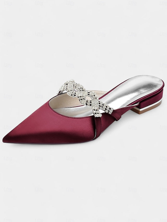 with Pointed-Toe Blue Detailing Mule Rhinestone - Satin Heels