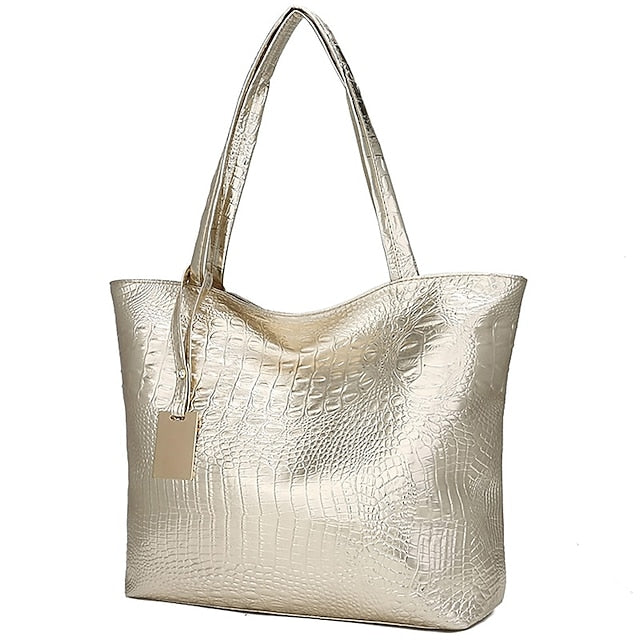 Tasche Faux Große Tote Geprägte Damen Kroko Silber | Kapazität