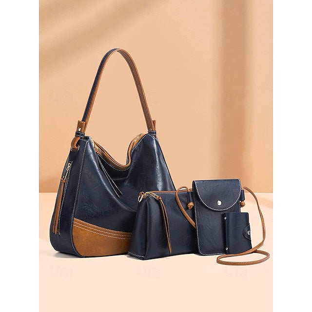 Faux Leather Shoulder 4-Piece Handbag Bag Women's – Set