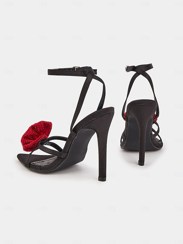 - Sandals Black Floral Embellishments Chic Heel High Red with