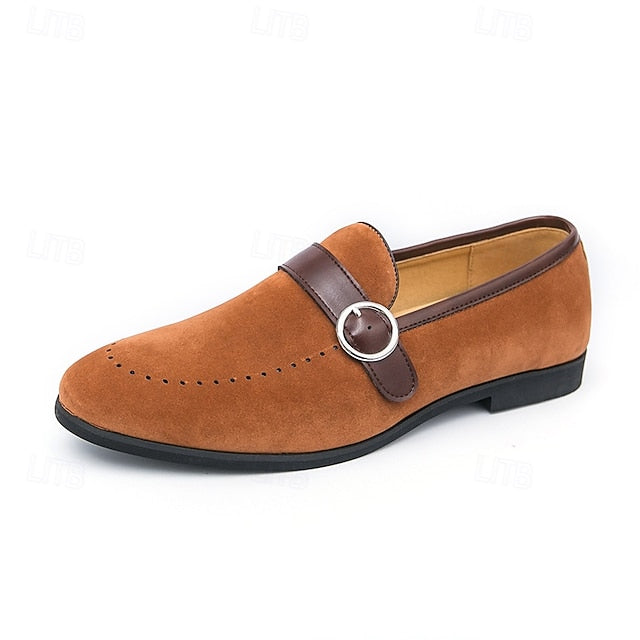 Men's Suede Brown Slip-On with Buckle Faux Strap Loafers