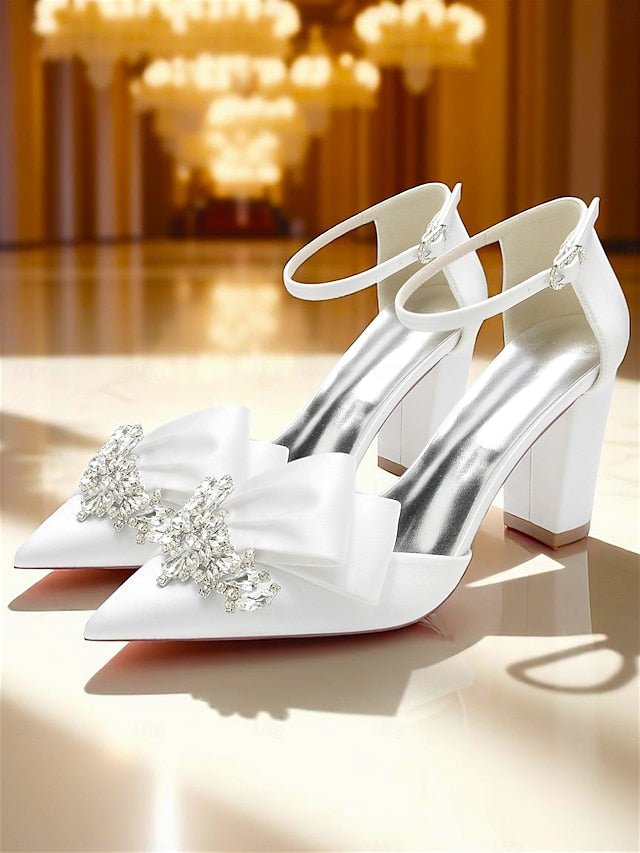 Heel Women's Block Bow Satin Pumps and with Crystal