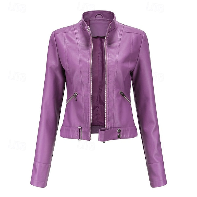 Faux Comfortable Pocket Women's Leather Jacket Zipper