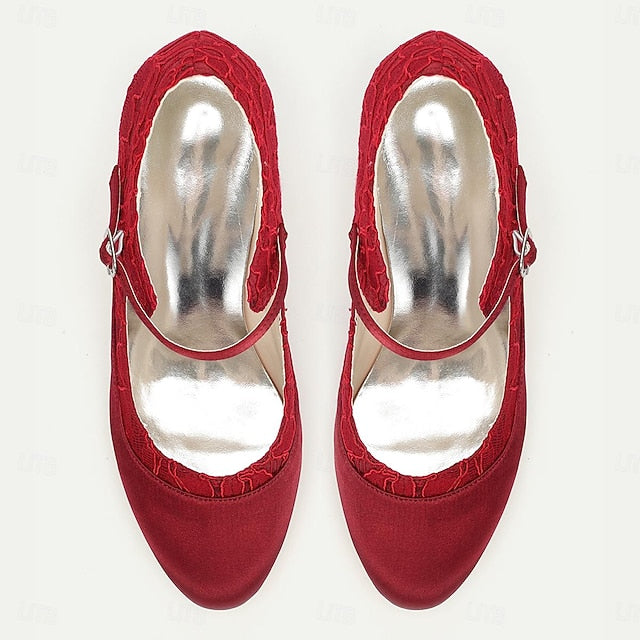 Mid-Heel Women's Comfortable - Lace Satin Heels Red Elegant