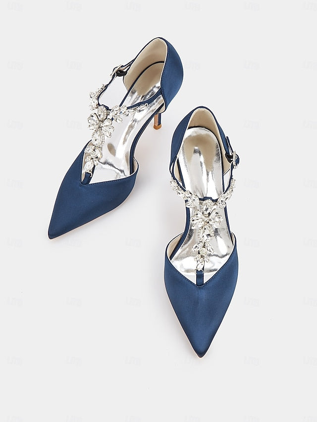 Toe Women's Heels T-Strap Satin Blue – Navy Pointed