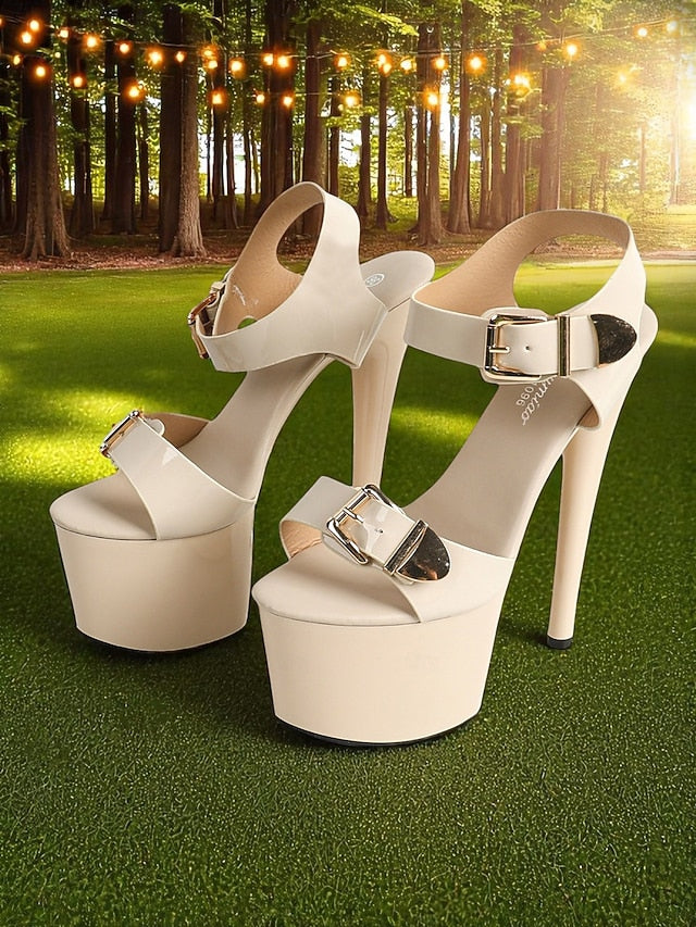 Platform with Women's Buckle Gold Patent White Heels High