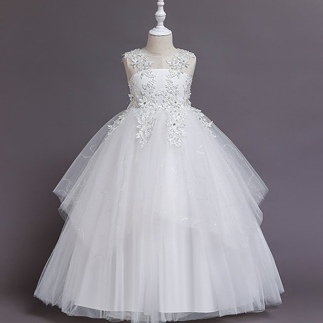A Girls' Floral Solid Line Colored Kids Dress